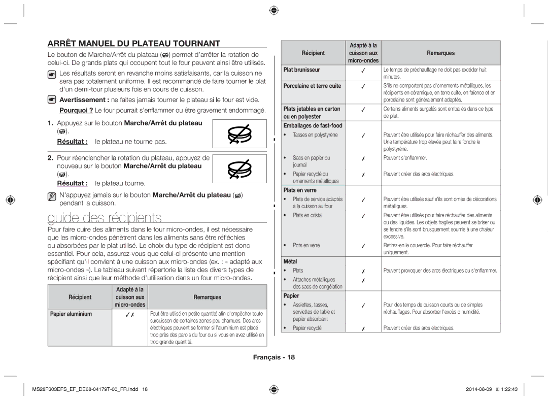 Samsung MS28F303EFS/EF manual Guide des récipients, Arrêt manuel du plateau tournant 