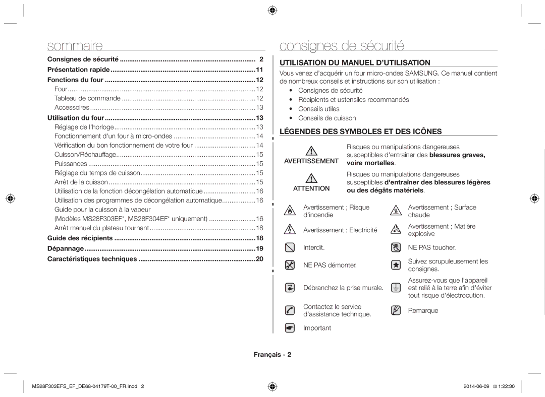 Samsung MS28F303EFS/EF manual Consignes de sécurité, Français 