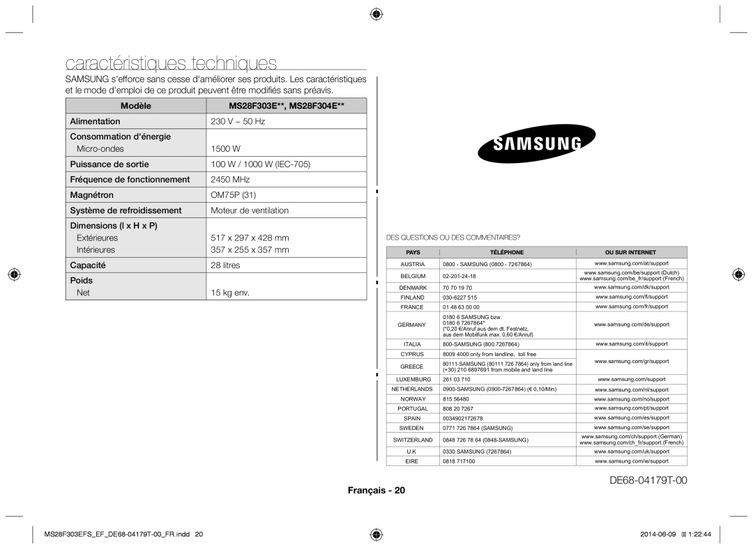 Samsung MS28F303EFS/EF manual Caractéristiques techniques, Modèle MS28F303E**, MS28F304E 