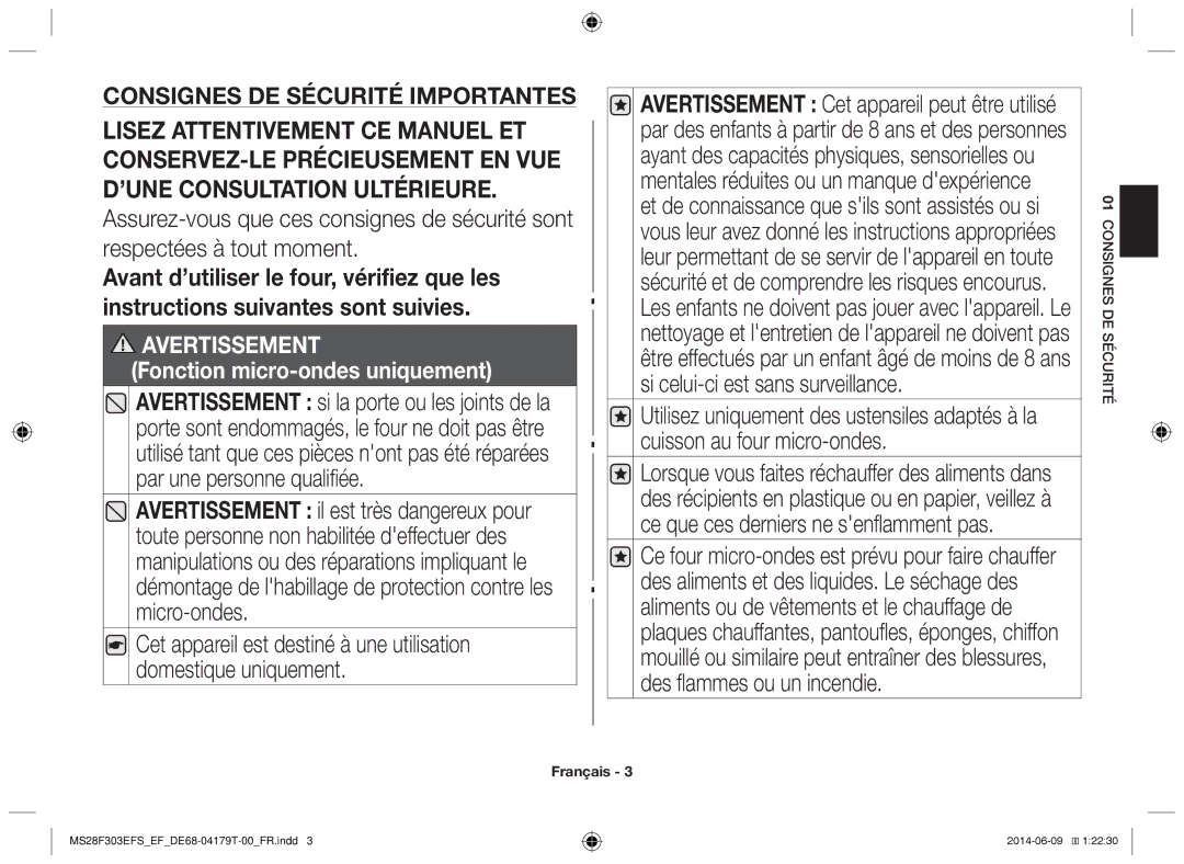 Samsung MS28F303EFS/EF manual Avertissement 