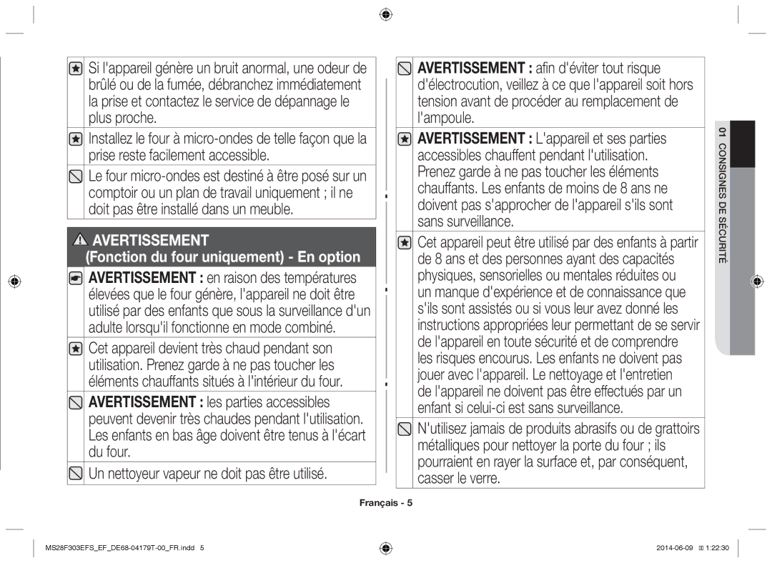 Samsung MS28F303EFS/EF manual Un nettoyeur vapeur ne doit pas être utilisé 