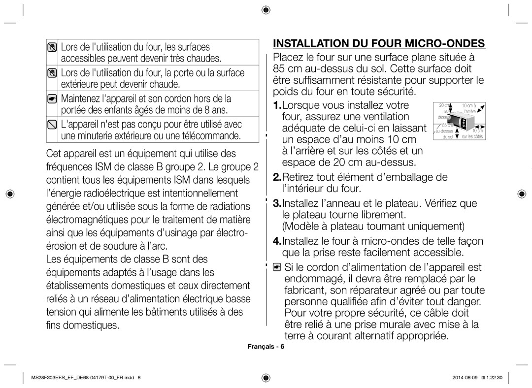 Samsung MS28F303EFS/EF manual Installation du four micro-ondes 