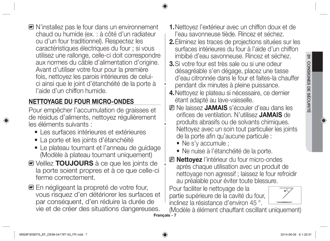 Samsung MS28F303EFS/EF manual Nettoyage du four micro-ondes 