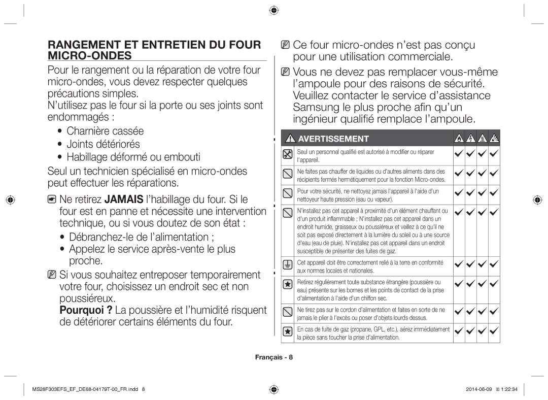 Samsung MS28F303EFS/EF manual Rangement et entretien du four micro-ondes 