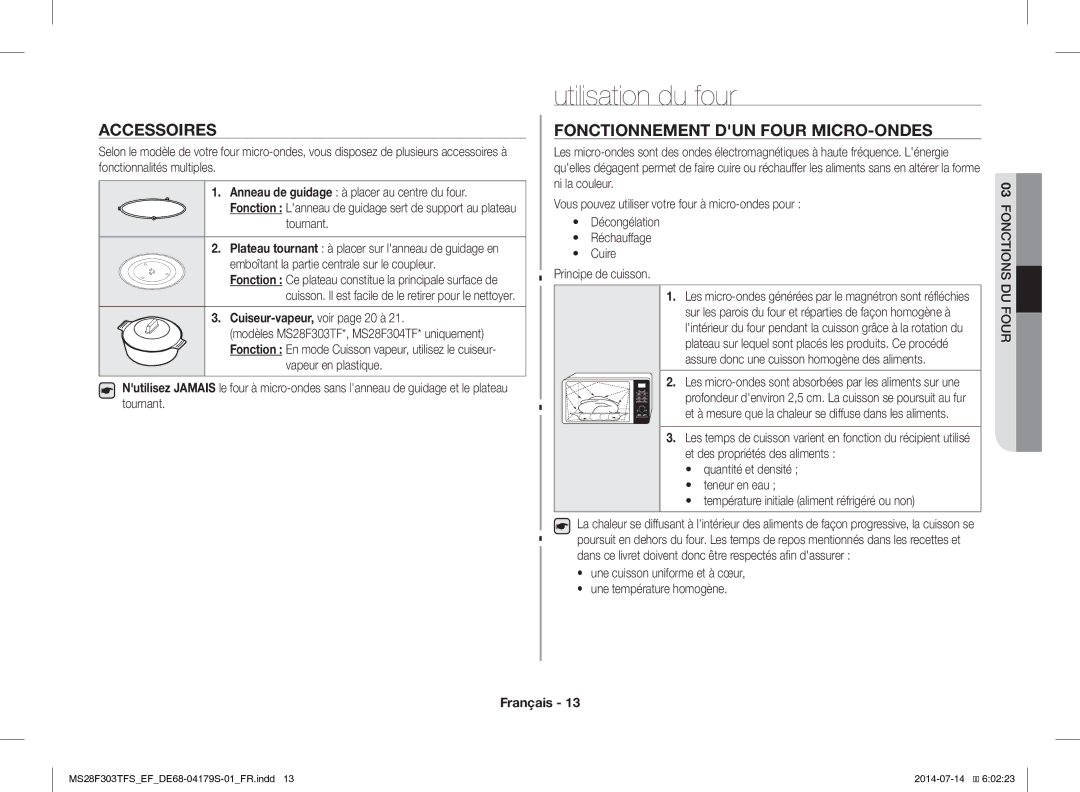 Samsung MS28F303TFS/EF manual Utilisation du four, Accessoires, Fonctionnement DUN Four MICRO-ONDES 