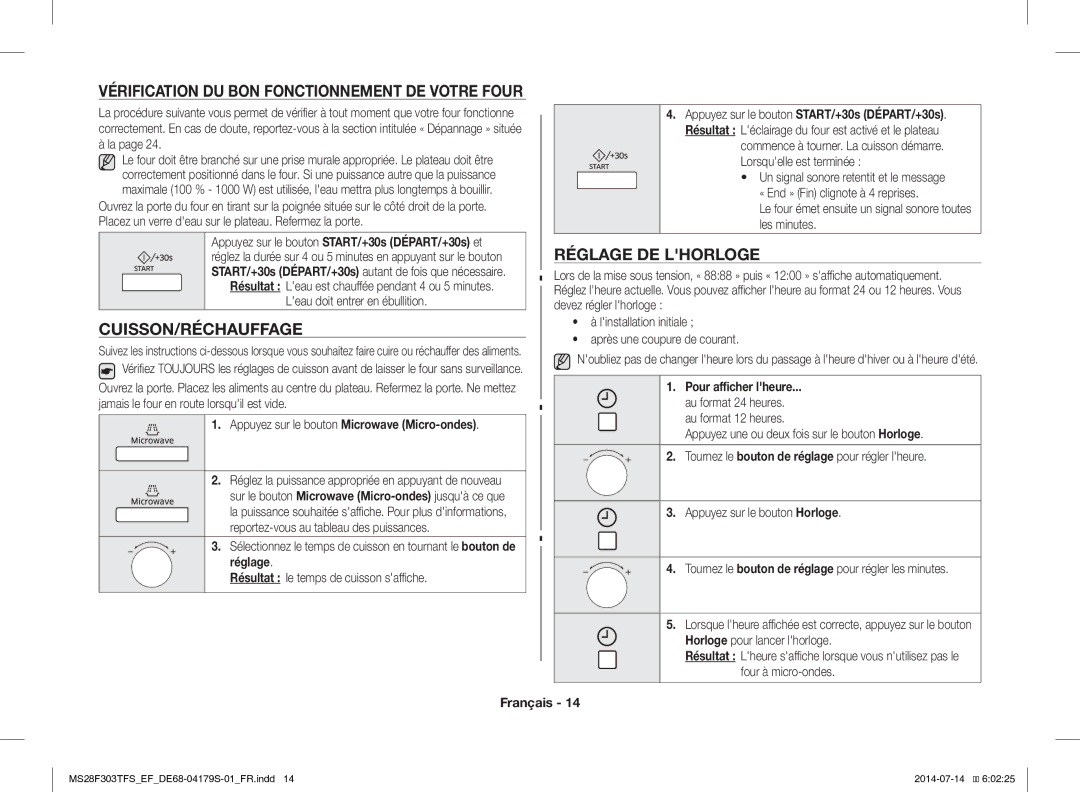 Samsung MS28F303TFS/EF manual Vérification DU BON Fonctionnement DE Votre Four, Réglage DE Lhorloge, Cuisson/Réchauffage 