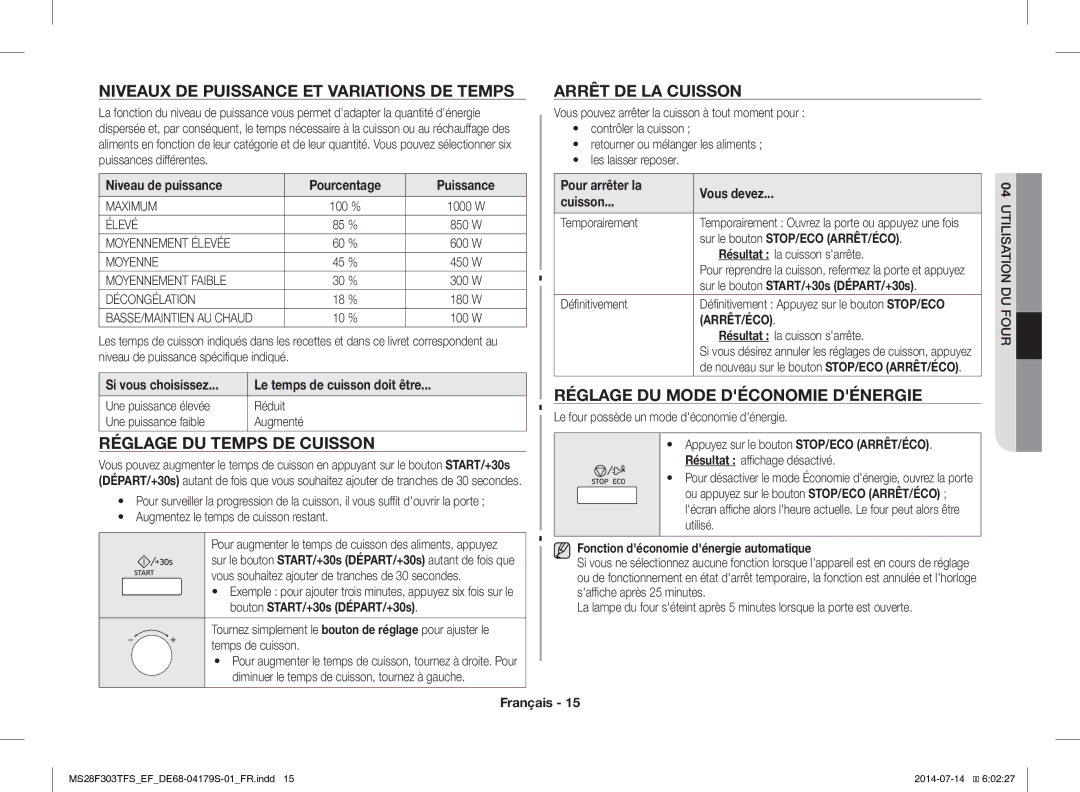 Samsung MS28F303TFS/EF manual Niveaux DE Puissance ET Variations DE Temps, Réglage DU Temps DE Cuisson, Arrêt DE LA Cuisson 