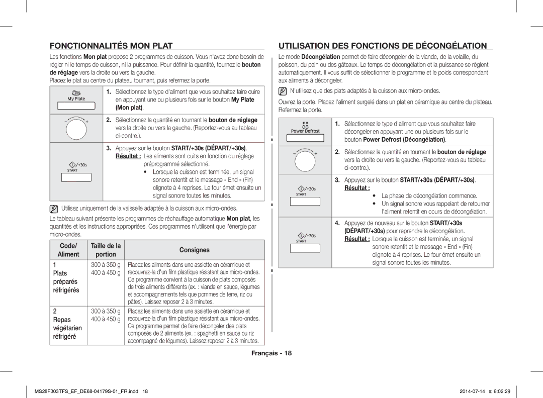 Samsung MS28F303TFS/EF manual Fonctionnalités MON Plat, Utilisation DES Fonctions DE Décongélation, Mon plat 