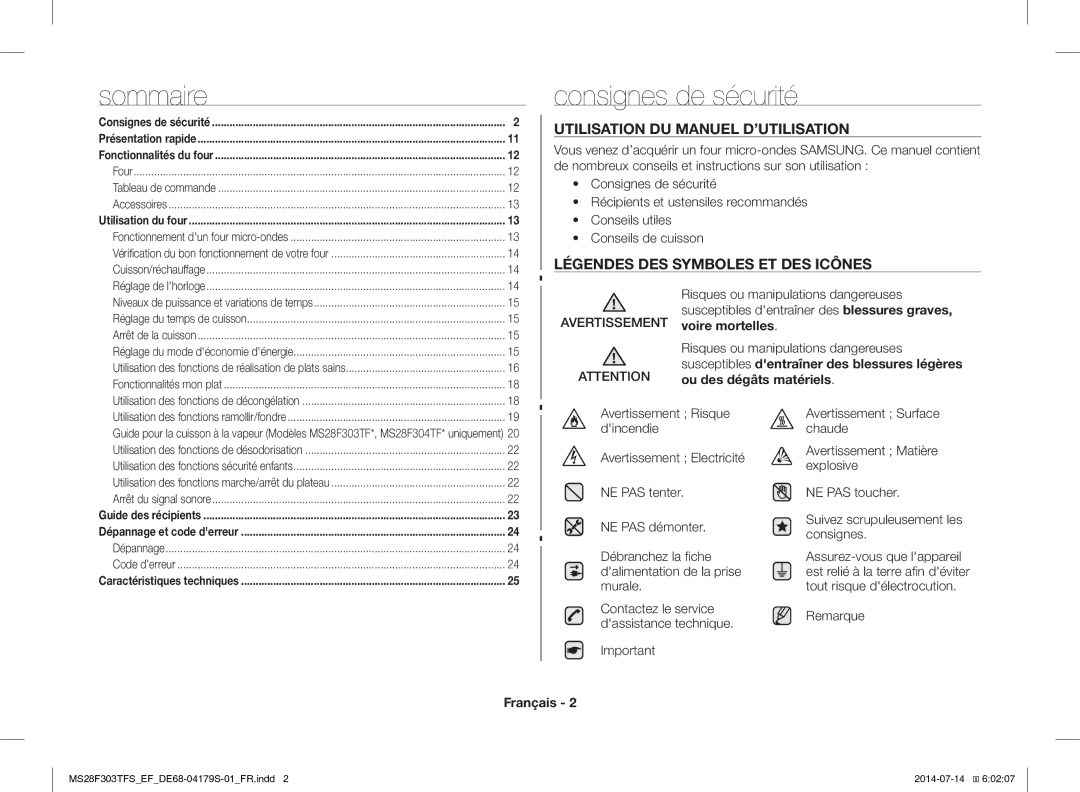 Samsung MS28F303TFS/EF manual Consignes de sécurité, Remarque, Français 