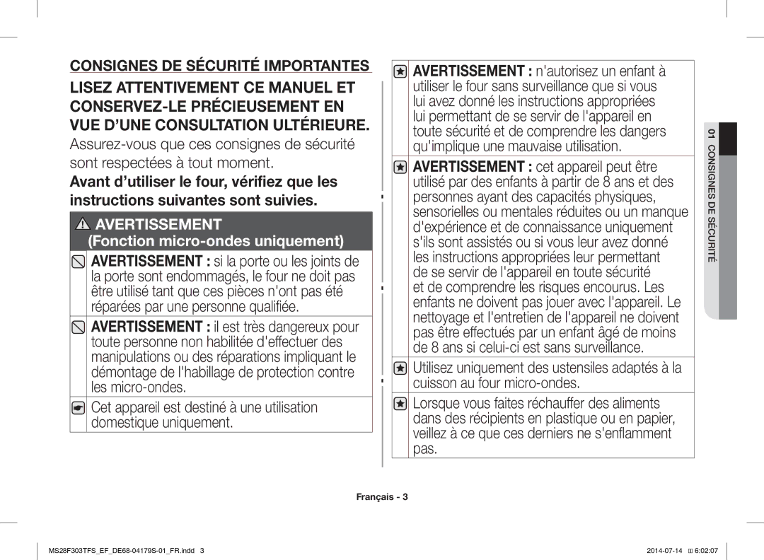 Samsung MS28F303TFS/EF manual Avertissement il est très dangereux pour 