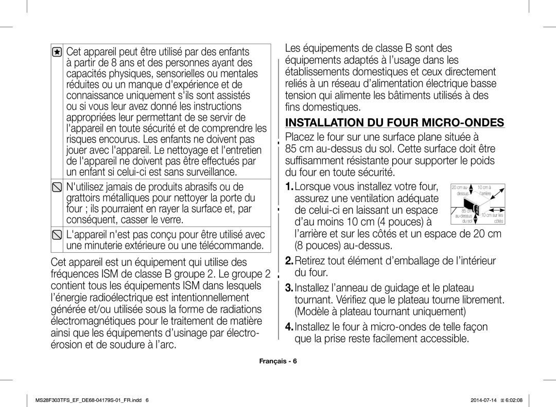 Samsung MS28F303TFS/EF manual Installation DU Four MICRO-ONDES 