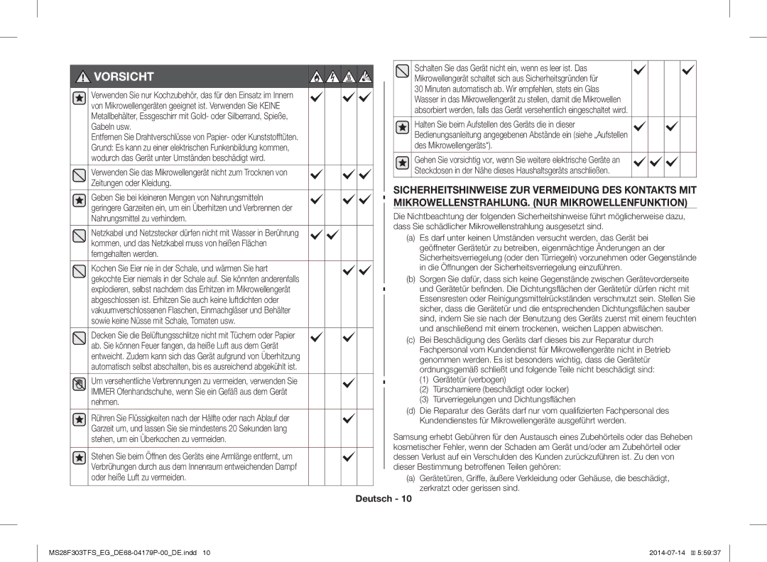 Samsung MS28F303TFS/EG, MS28F303TAS/EG manual Vorsicht 