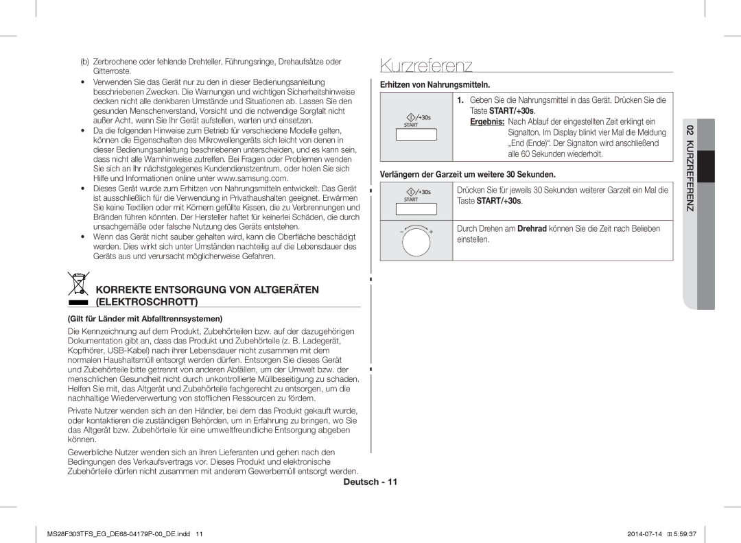 Samsung MS28F303TAS/EG manual Kurzreferenz, Korrekte Entsorgung VON Altgeräten Elektroschrott, Erhitzen von Nahrungsmitteln 