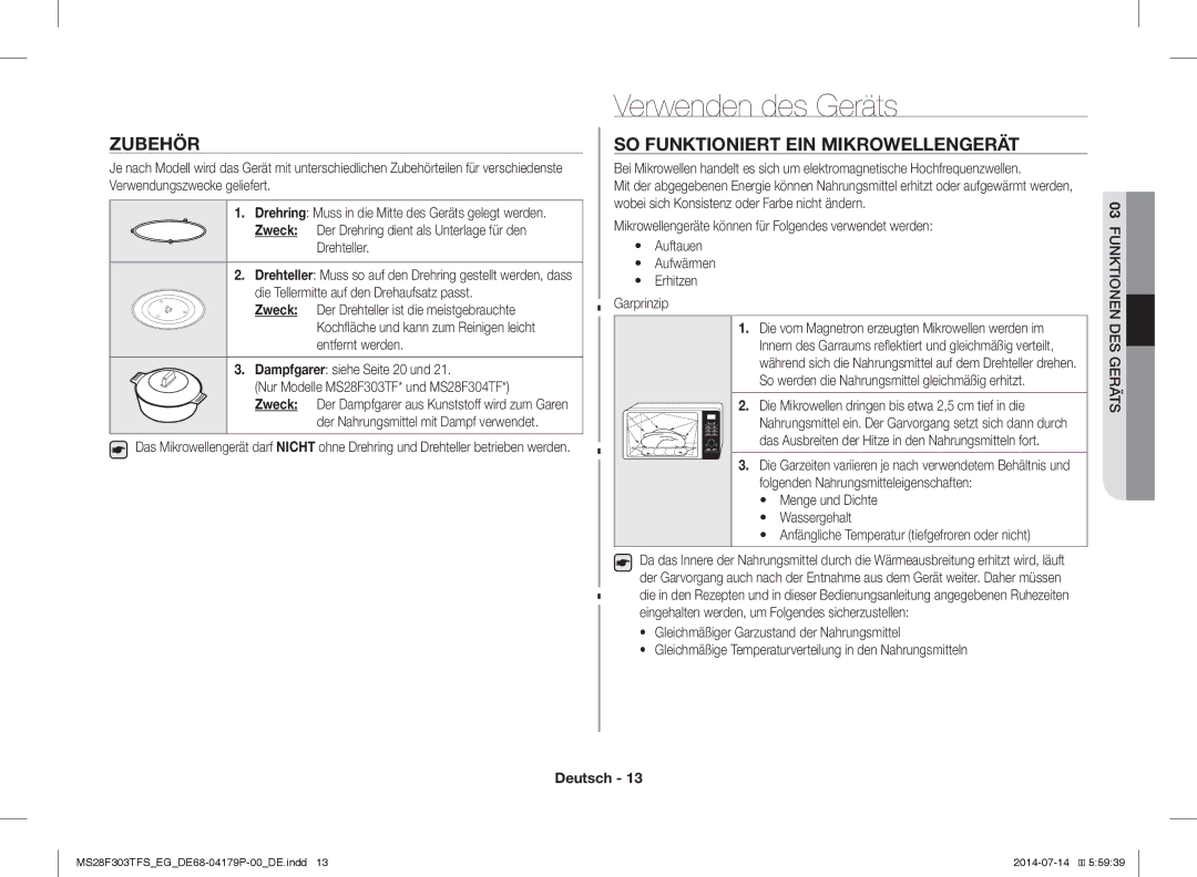 Samsung MS28F303TAS/EG, MS28F303TFS/EG manual Verwenden des Geräts, Zubehör, SO Funktioniert EIN Mikrowellengerät 