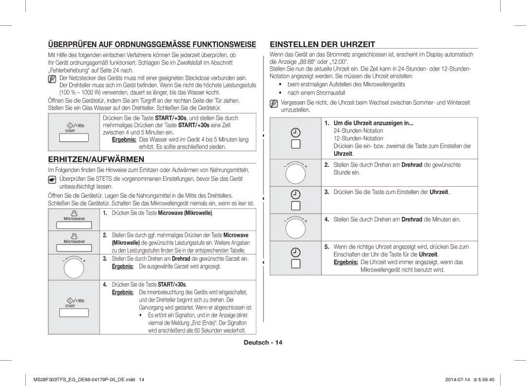 Samsung MS28F303TFS/EG manual Erhitzen/Aufwärmen, Einstellen DER Uhrzeit, Überprüfen AUF Ordnungsgemässe Funktionsweise 