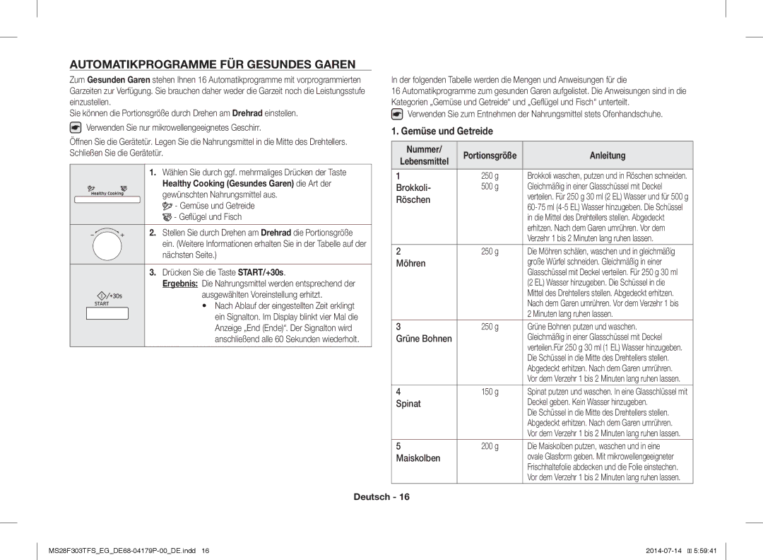 Samsung MS28F303TFS/EG, MS28F303TAS/EG manual Automatikprogramme FÜR Gesundes Garen, Nummer, Anleitung 