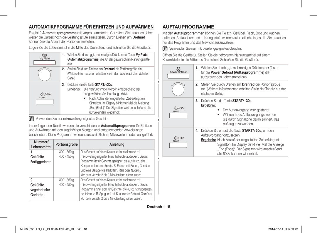 Samsung MS28F303TFS/EG manual Auftauprogramme, Automatikprogramme FÜR Erhitzen UND Aufwärmen, Portionsgröße, Ergebnis 