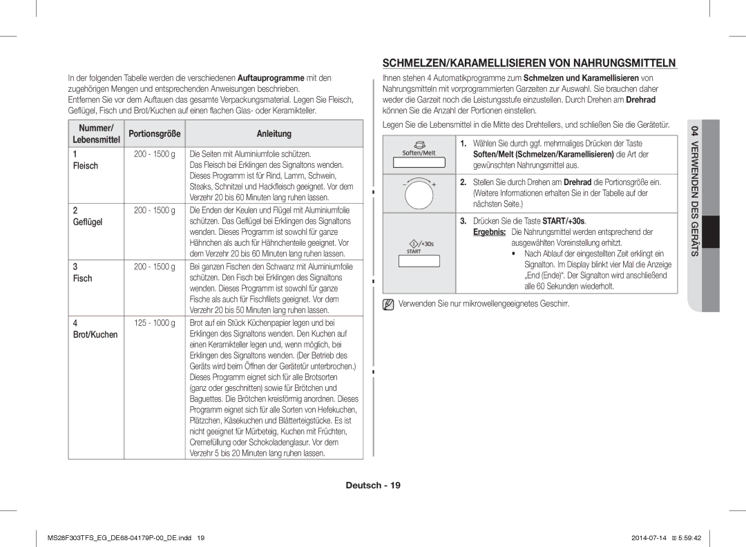 Samsung MS28F303TAS/EG, MS28F303TFS/EG manual SCHMELZEN/KARAMELLISIEREN VON Nahrungsmitteln, Geflügel, Fisch 