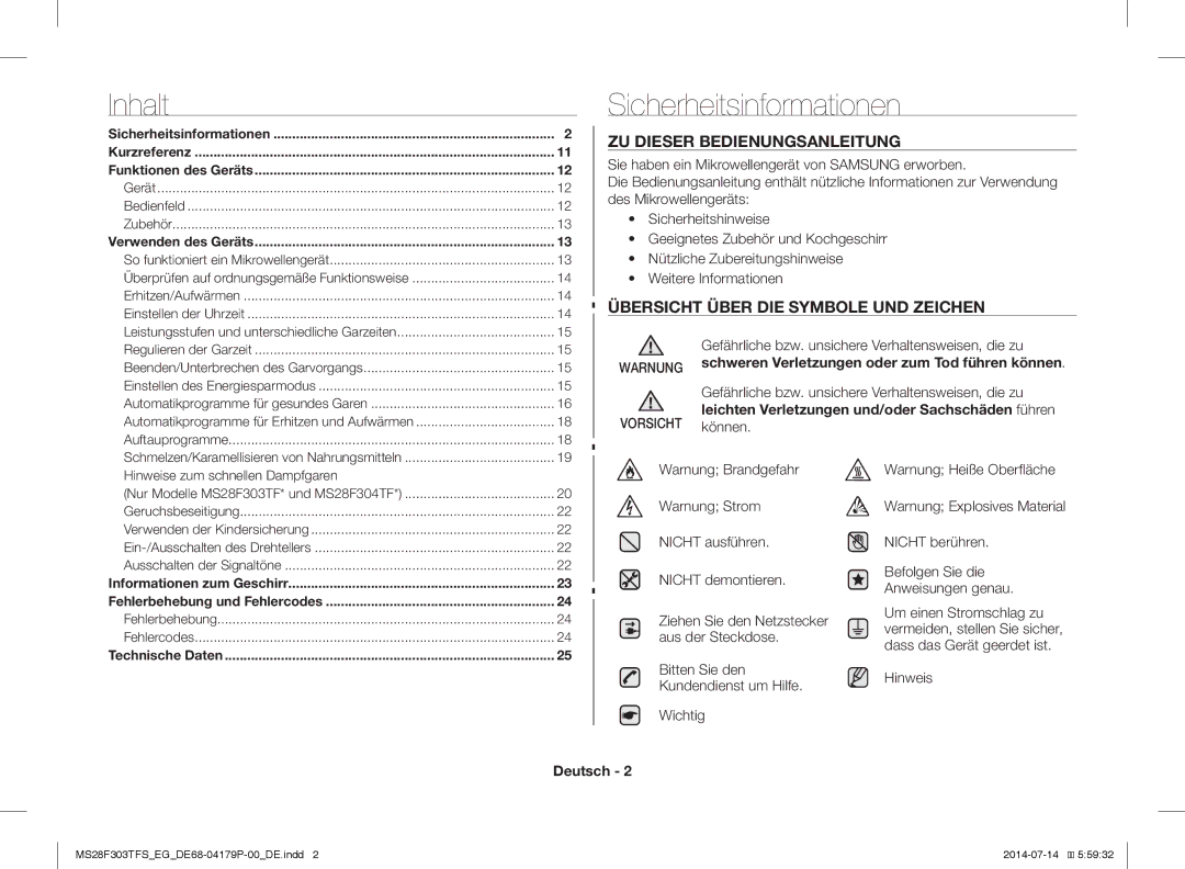 Samsung MS28F303TFS/EG Sicherheitsinformationen, ZU Dieser Bedienungsanleitung, Übersicht Über DIE Symbole UND Zeichen 