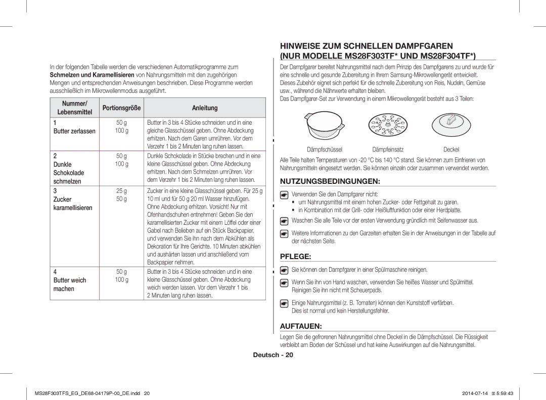 Samsung MS28F303TFS/EG, MS28F303TAS/EG manual Nutzungsbedingungen, Pflege, Auftauen 