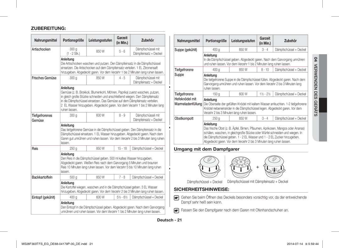 Samsung MS28F303TAS/EG, MS28F303TFS/EG manual Zubereitung, Sicherheitshinweise, Zubehör 