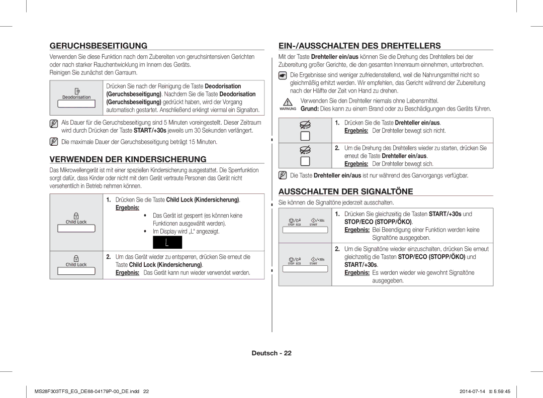 Samsung MS28F303TFS/EG, MS28F303TAS/EG Geruchsbeseitigung, Verwenden DER Kindersicherung, EIN-/AUSSCHALTEN DES Drehtellers 