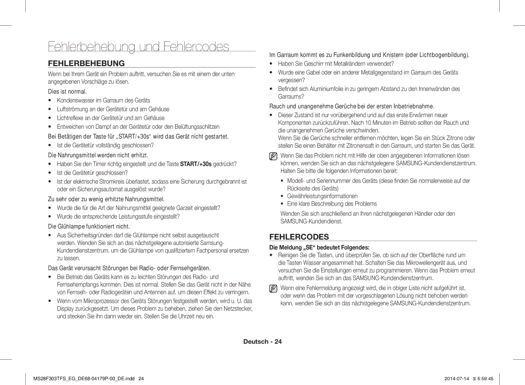 Samsung MS28F303TFS/EG, MS28F303TAS/EG manual Fehlerbehebung und Fehlercodes, Die Meldung „SE bedeutet Folgendes 