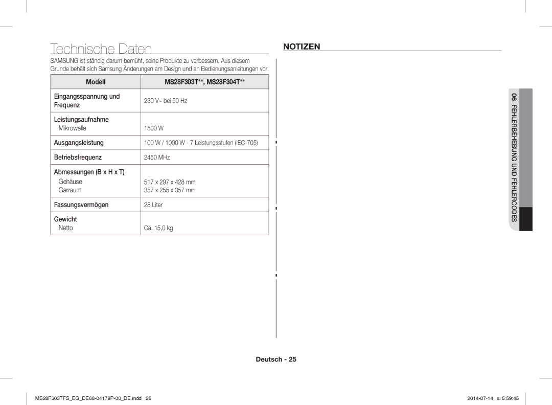 Samsung MS28F303TAS/EG, MS28F303TFS/EG manual Technische Daten, Notizen, Modell MS28F303T**, MS28F304T 