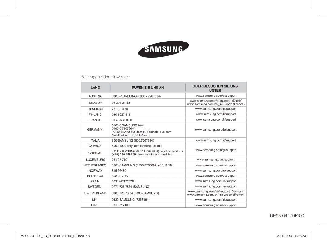 Samsung MS28F303TFS/EG, MS28F303TAS/EG manual DE68-04179P-00 