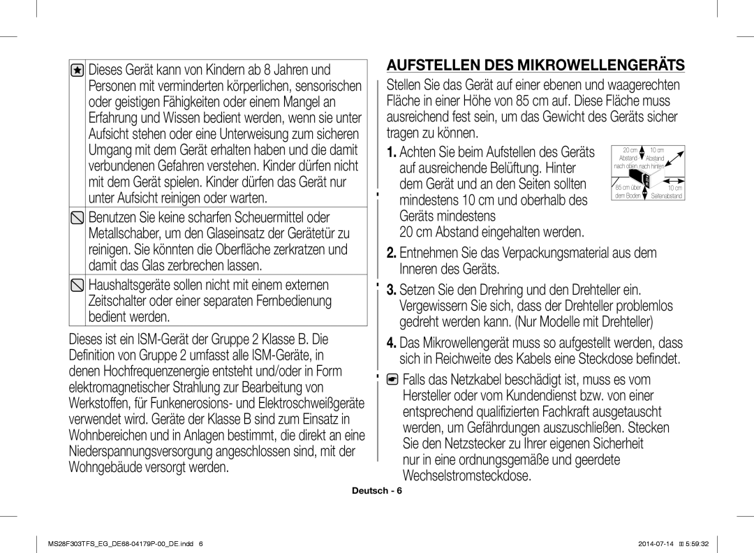 Samsung MS28F303TFS/EG, MS28F303TAS/EG manual Aufstellen DES Mikrowellengeräts 