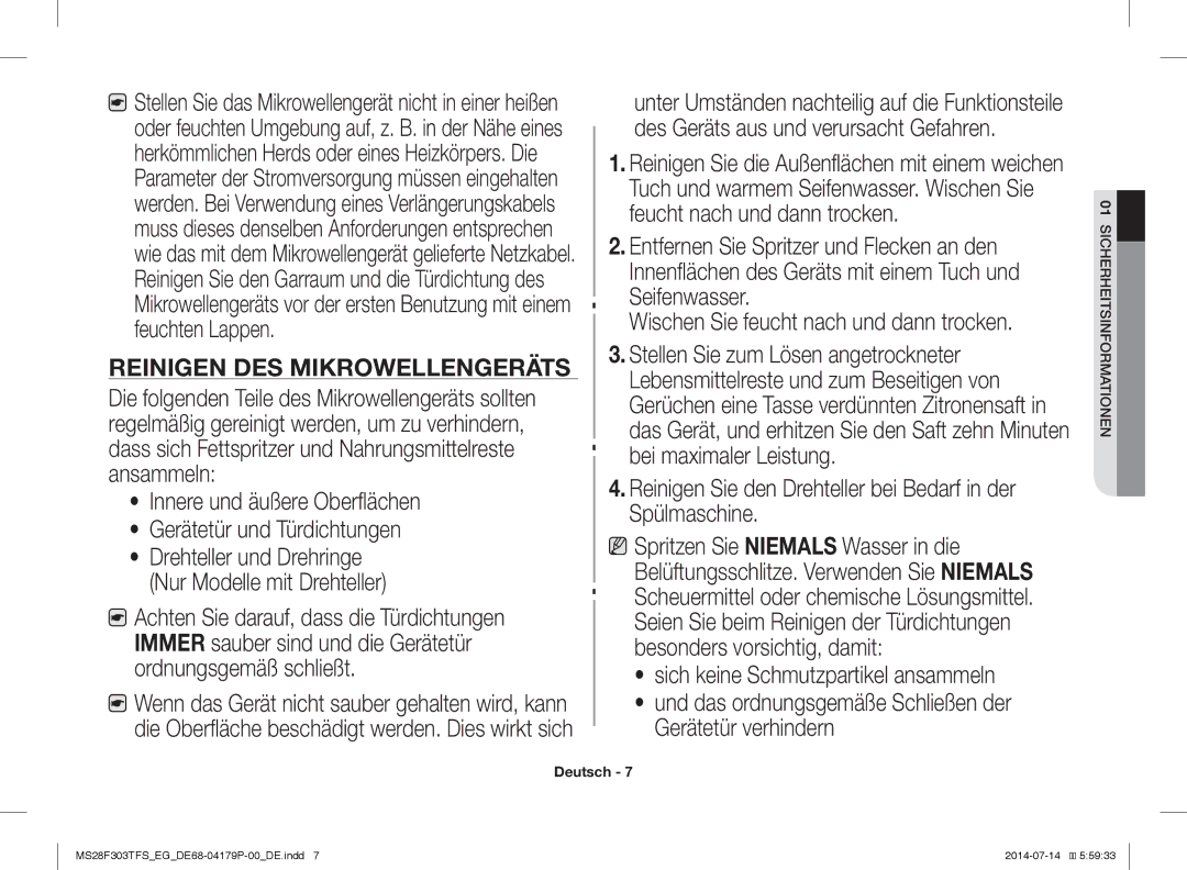 Samsung MS28F303TAS/EG, MS28F303TFS/EG manual Reinigen DES Mikrowellengeräts 