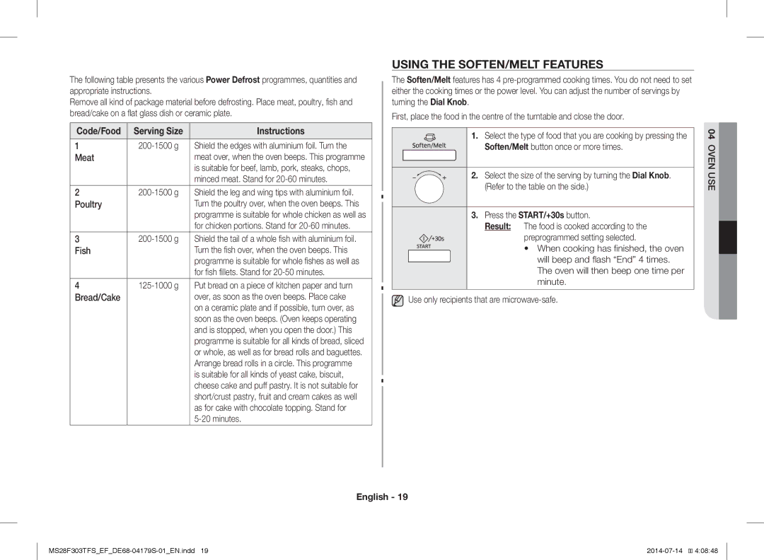 Samsung MS28F303TFS/EF, MS28F303TFS/EG manual Using the SOFTEN/MELT Features, Code/Food Serving Size 