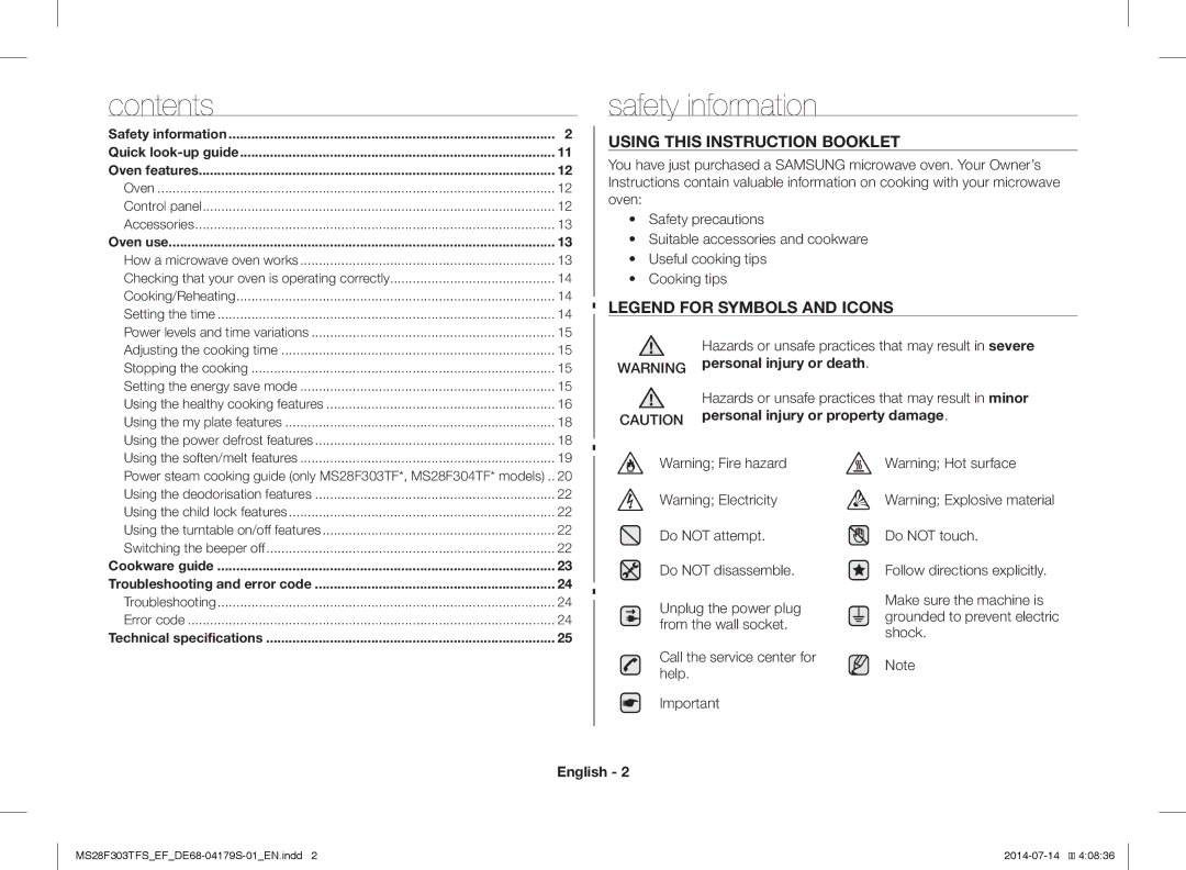 Samsung MS28F303TFS/EG, MS28F303TFS/EF manual Safety information, Contents 