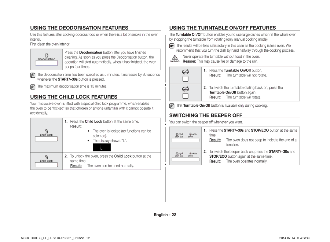 Samsung MS28F303TFS/EG manual Using the Deodorisation Features, Using the Child Lock Features, Switching the Beeper OFF 