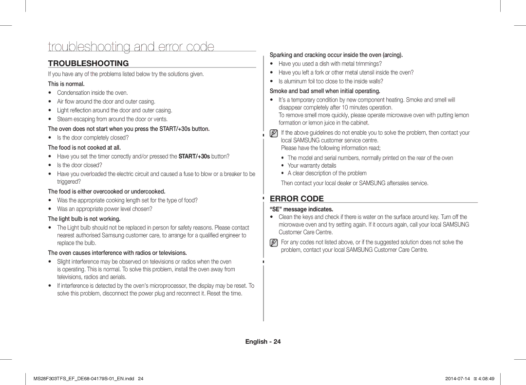 Samsung MS28F303TFS/EG manual Troubleshooting and error code, Error Code, SE message indicates, Customer Care Centre 