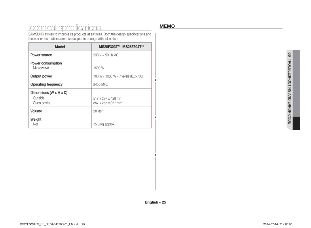 Samsung MS28F303TFS/EF, MS28F303TFS/EG manual Technical specifications, Memo, Model MS28F303T**, MS28F304T 