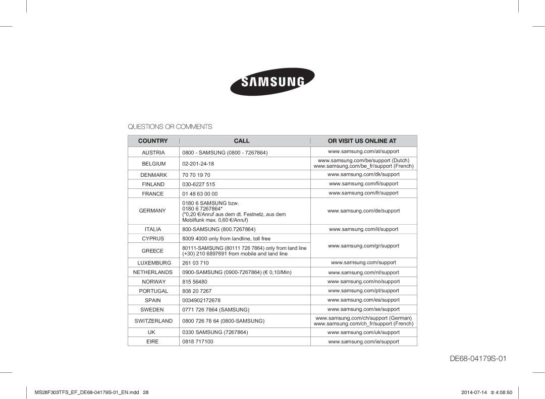 Samsung MS28F303TFS/EG, MS28F303TFS/EF manual DE68-04179S-01 