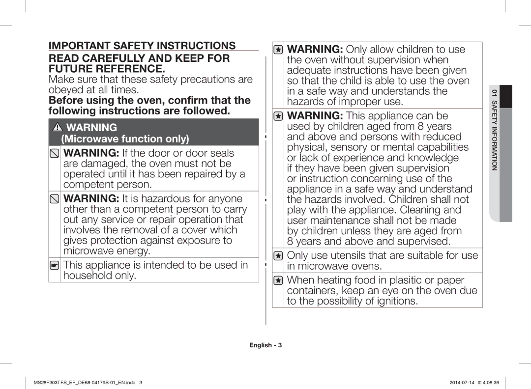 Samsung MS28F303TFS/EF, MS28F303TFS/EG manual Read Carefully and Keep for Future Reference 