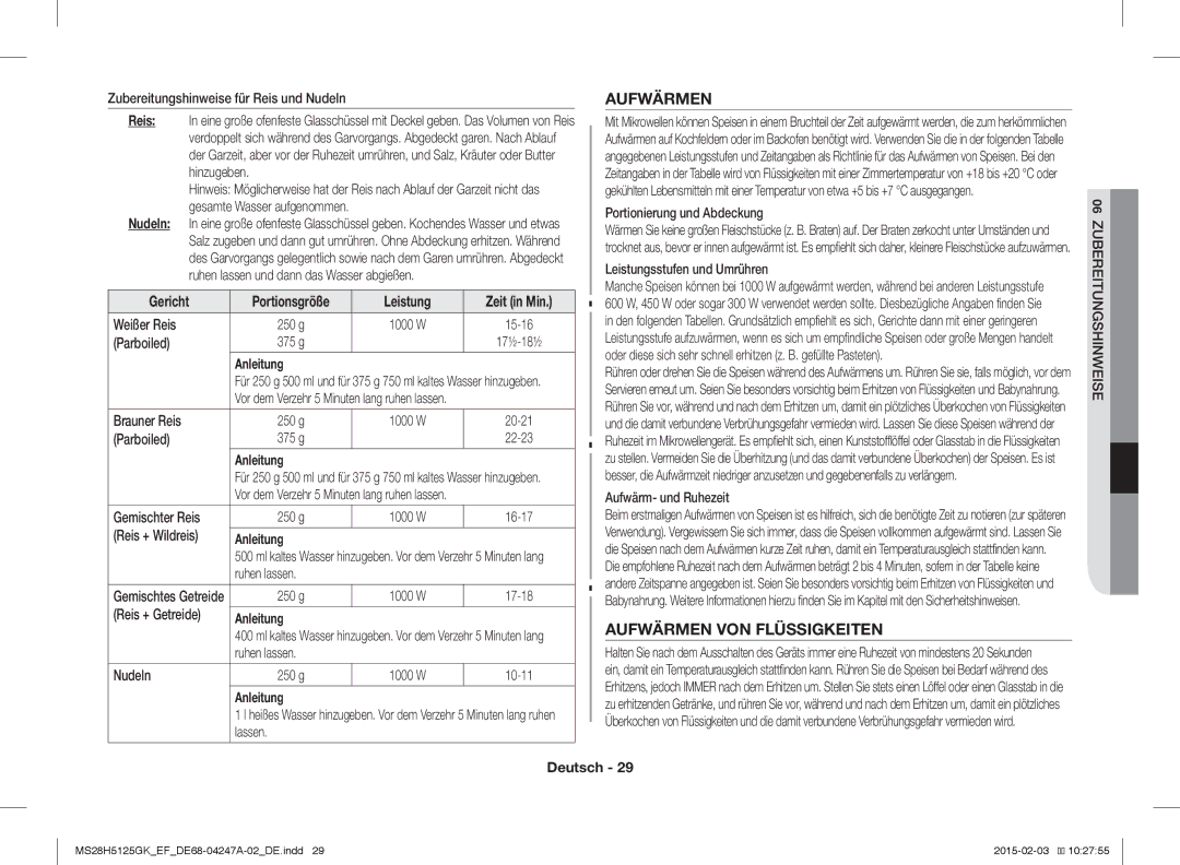 Samsung MS28H5125GK/EF manual Aufwärmen VON Flüssigkeiten, Leistung 