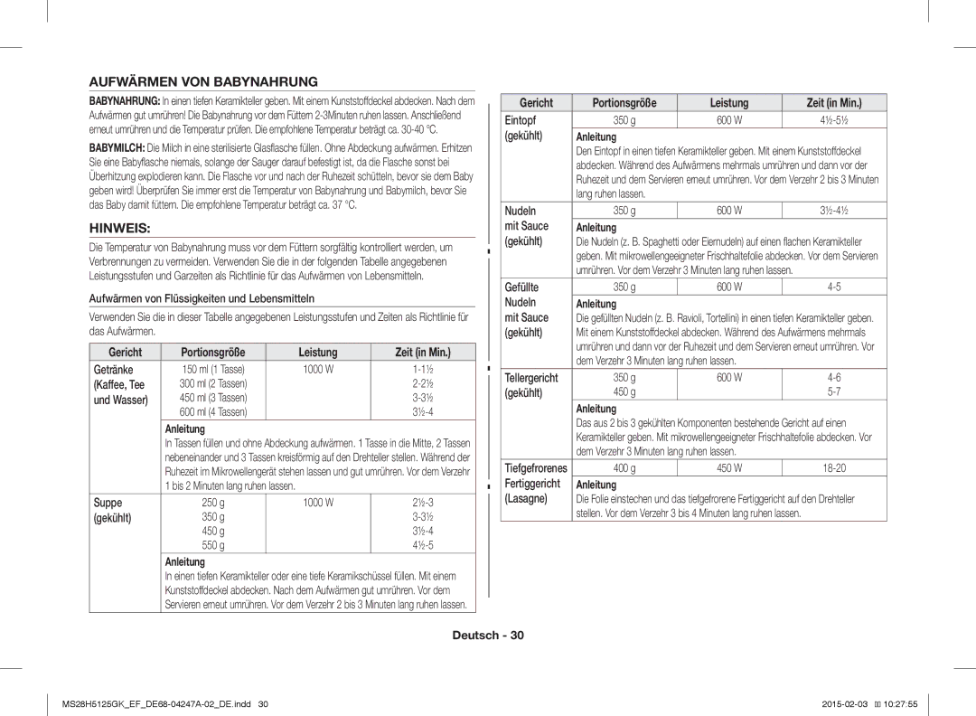 Samsung MS28H5125GK/EF manual Aufwärmen VON Babynahrung, Hinweis 