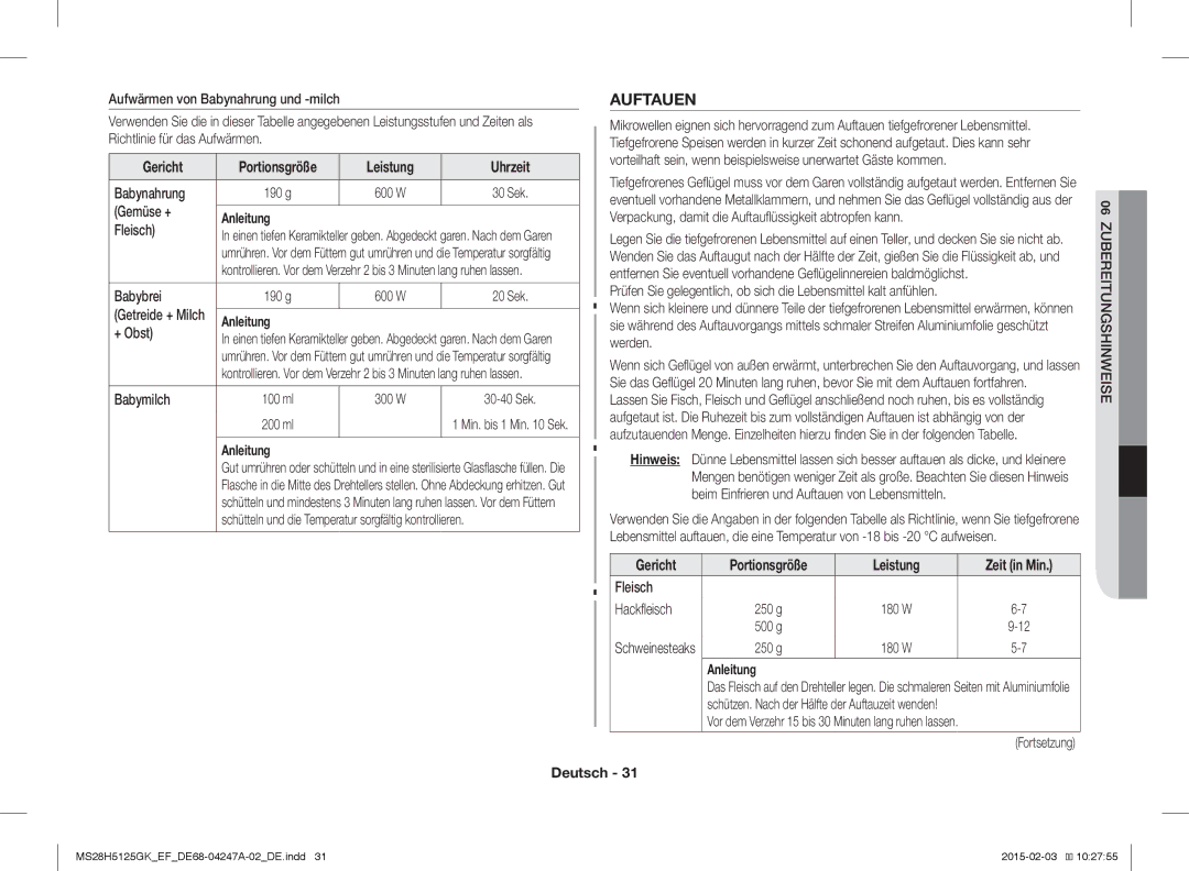 Samsung MS28H5125GK/EF manual Leistung Uhrzeit 