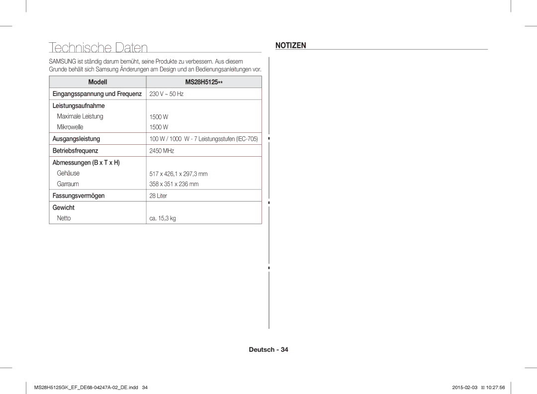 Samsung MS28H5125GK/EF manual Technische Daten, Notizen, Modell MS28H5125, 230 V ~ 50 Hz, Eingangsspannung und Frequenz 