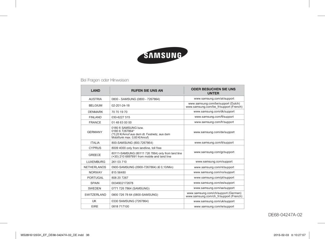 Samsung MS28H5125GK/EF manual Bei Fragen oder Hinweisen 