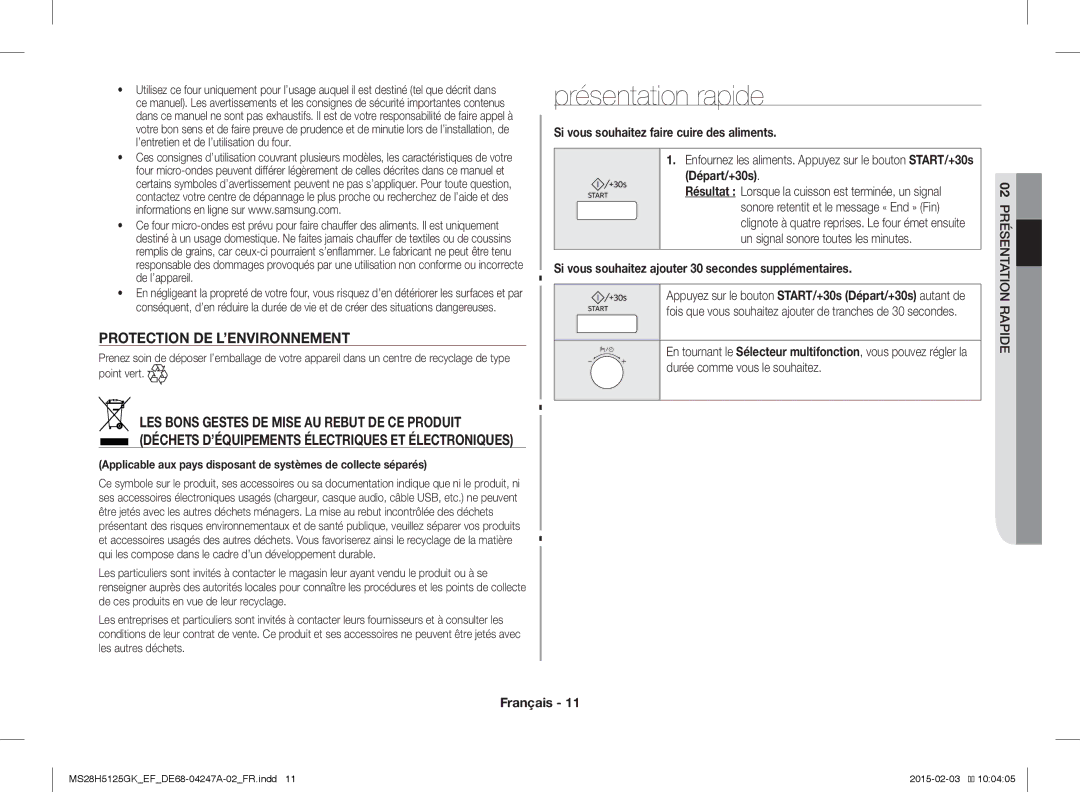 Samsung MS28H5125GK/EF Présentation rapide, Protection DE L’ENVIRONNEMENT, Si vous souhaitez faire cuire des aliments 