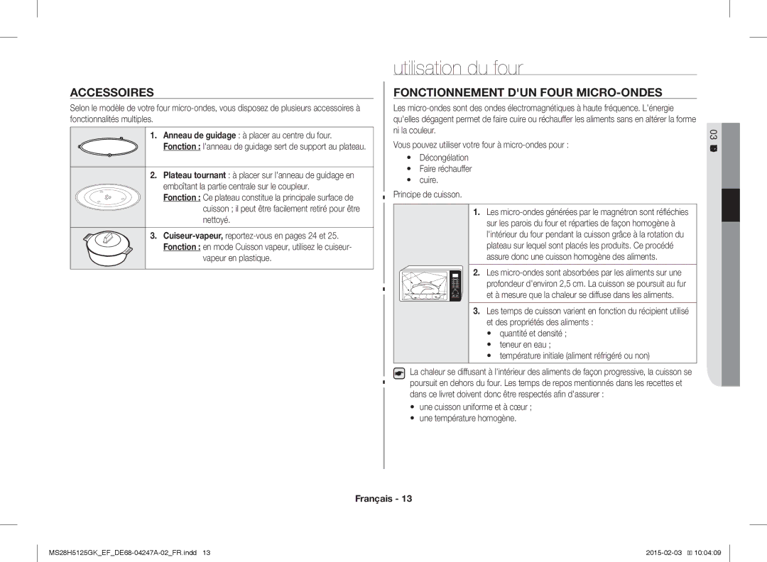 Samsung MS28H5125GK/EF manual Utilisation du four, Accessoires, Fonctionnement DUN Four MICRO-ONDES, Vapeur en plastique 
