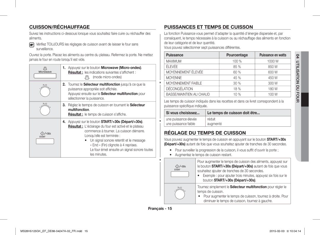 Samsung MS28H5125GK/EF manual Cuisson/Réchauffage, Puissances ET Temps DE Cuisson, Réglage DU Temps DE Cuisson 