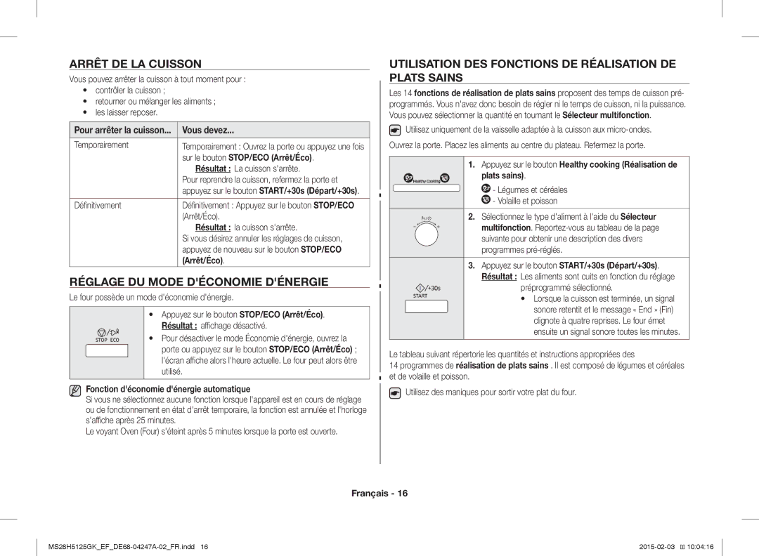 Samsung MS28H5125GK/EF manual Arrêt DE LA Cuisson, Réglage DU Mode Déconomie Dénergie 