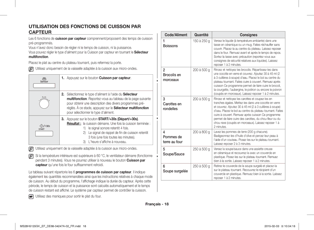 Samsung MS28H5125GK/EF manual Utilisation DES Fonctions DE Cuisson PAR Capteur, Code/Aliment Quantité 