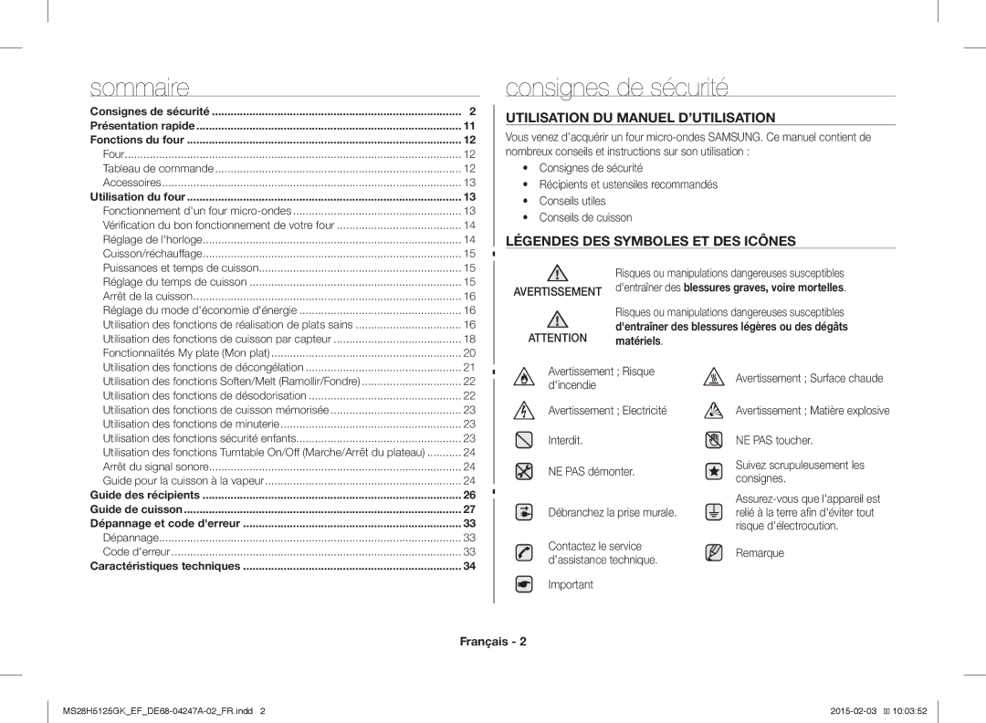 Samsung MS28H5125GK/EF Consignes de sécurité, Utilisation DU Manuel D’UTILISATION, Légendes DES Symboles ET DES Icônes 