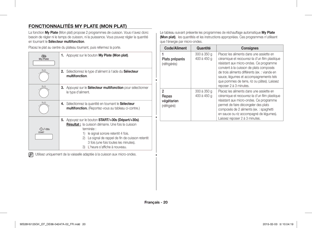 Samsung MS28H5125GK/EF manual Fonctionnalités MY Plate MON Plat, Quantité Consignes 